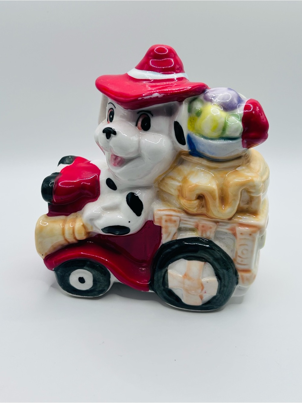 Vintage Ceramic Dalmatian Firefighter Fire Truck Coin Bank Retro Kids Decor